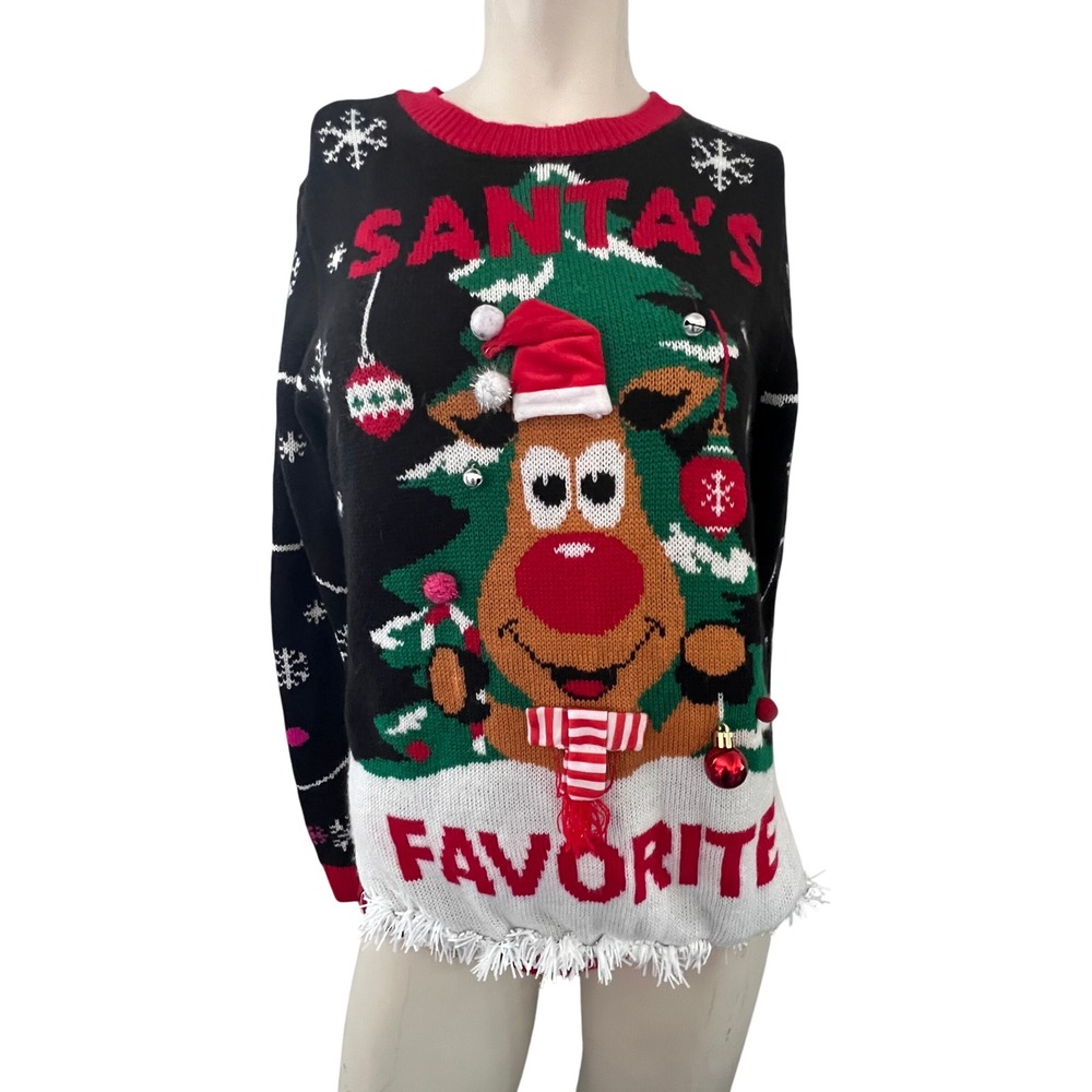 Ugly Christmas Sweater Reindeer Santa Tree Santas Favorite Size M 8-10 Holiday